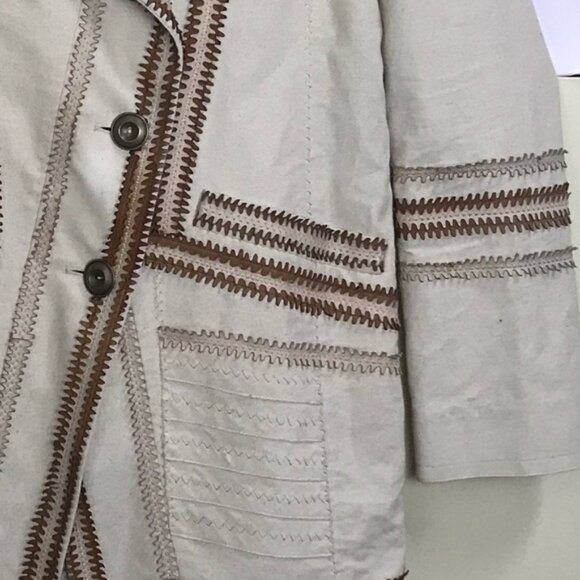 Cole Haan Cotton Lambskin Leather Detail Boho Trench Coat Jacket Fitted Pockets - Picture 13 of 16